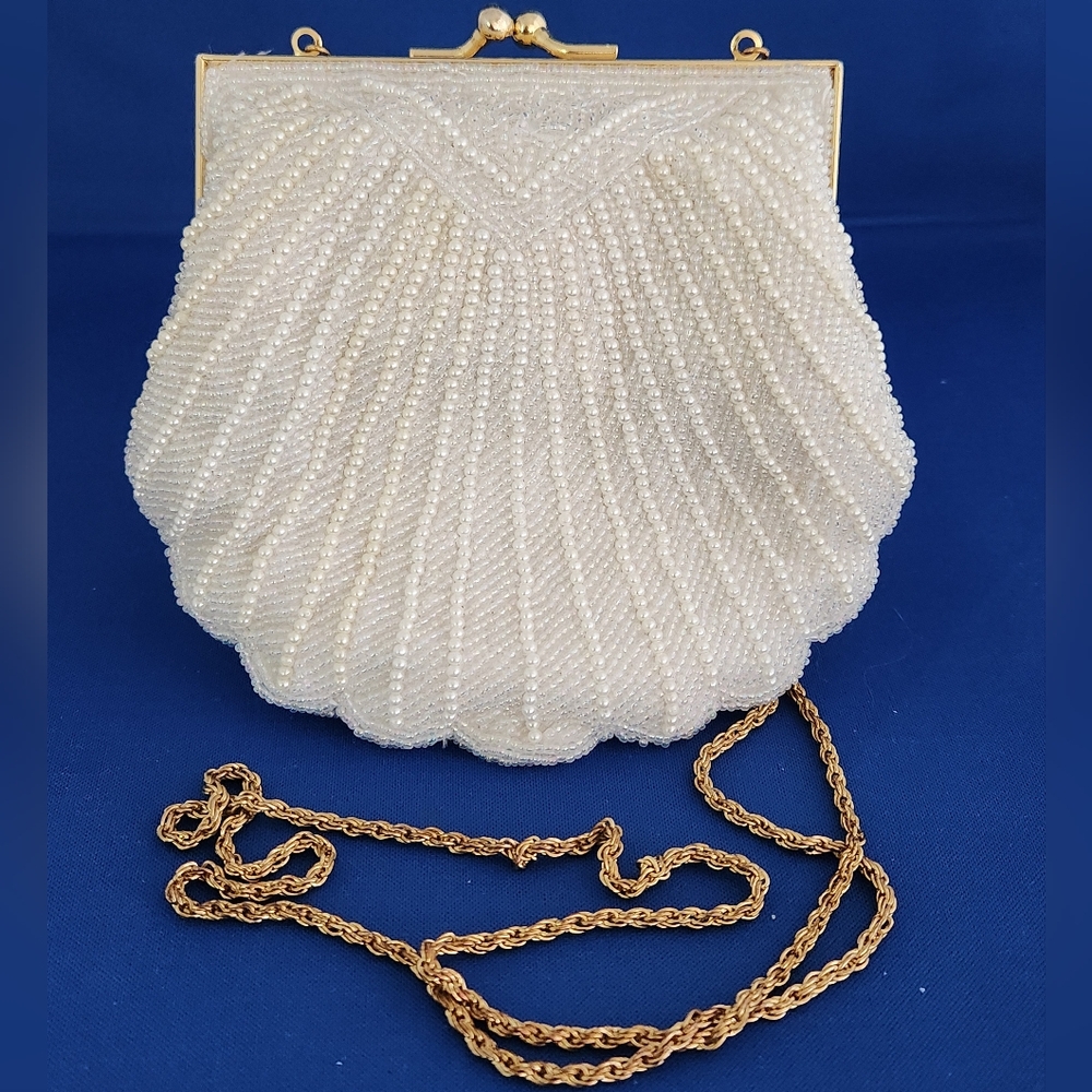White and Gold Pleated Clutch with Chain